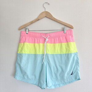 Nautica Neon Color Block Swim Shorts 90s Retro Pink Yellow Blue Board Shorts